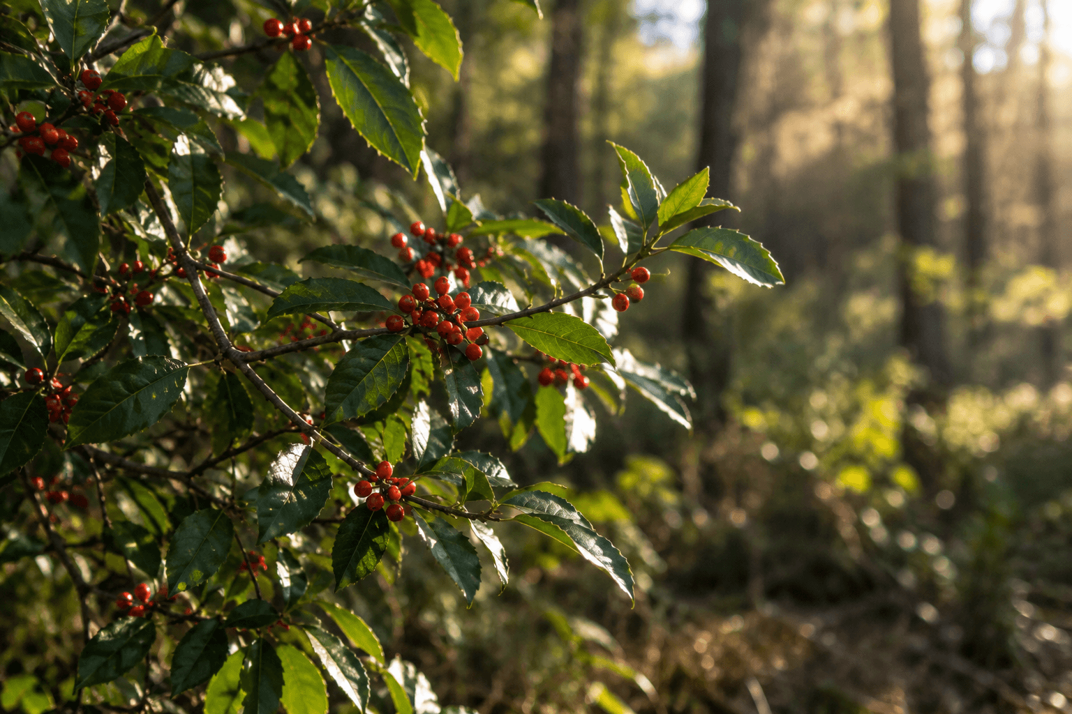 Yaupon-like evergreen branch with red berries in warm woodland light