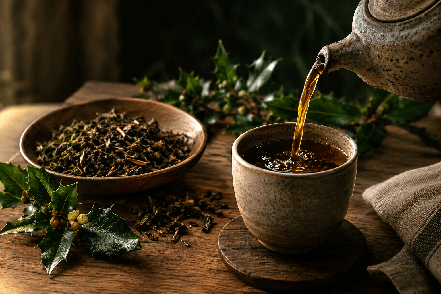 Amber beverage being poured into a handmade ceramic cup beside dried leaves