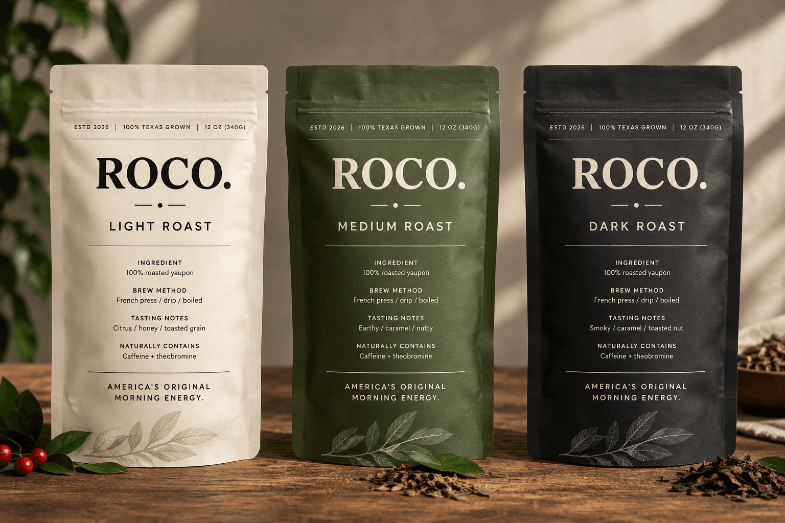 TEXAS YAPA light, medium, and dark roasted yaupon pouch concepts