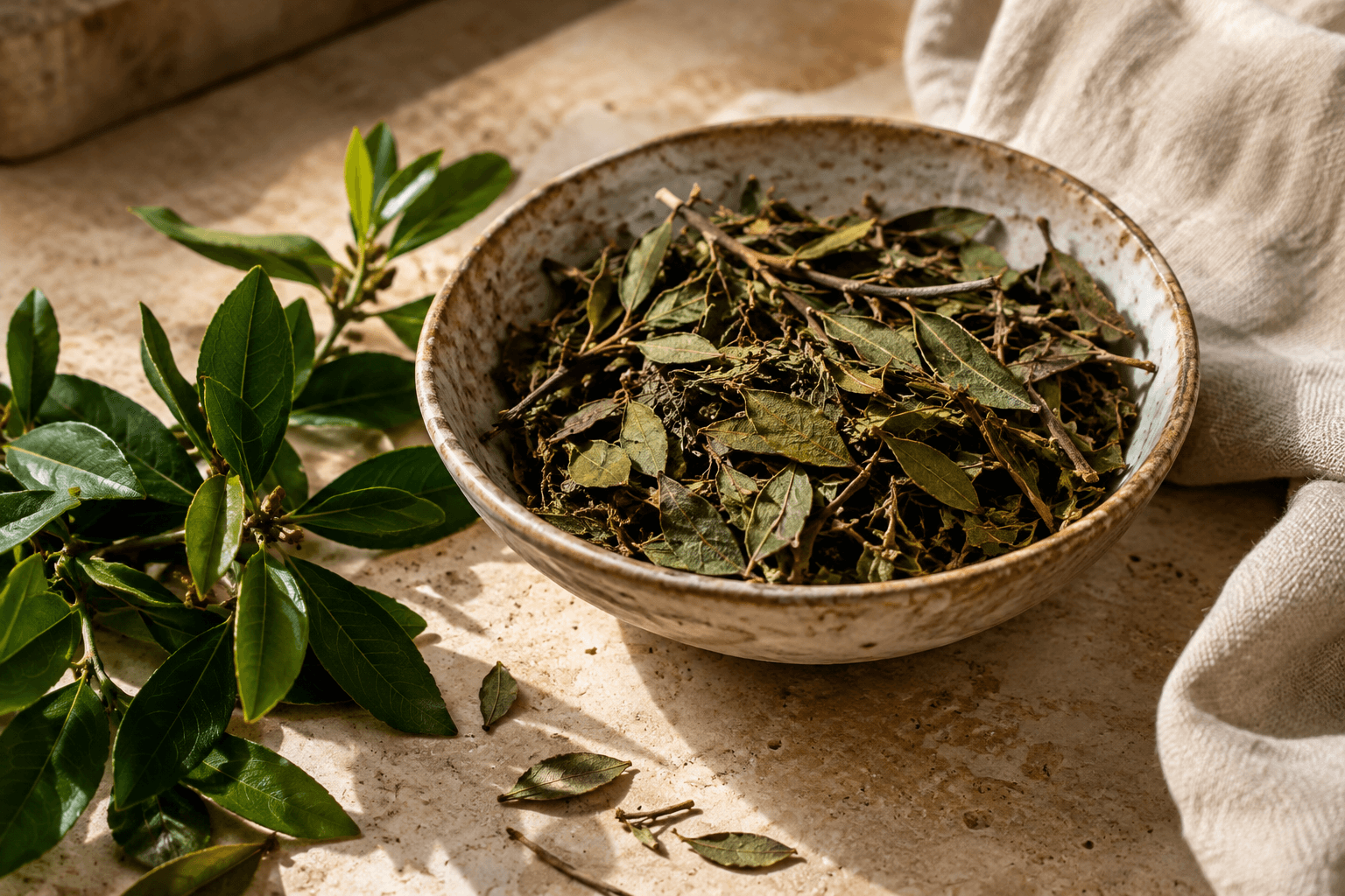 Dried leaves and botanical material in a ceramic bowl